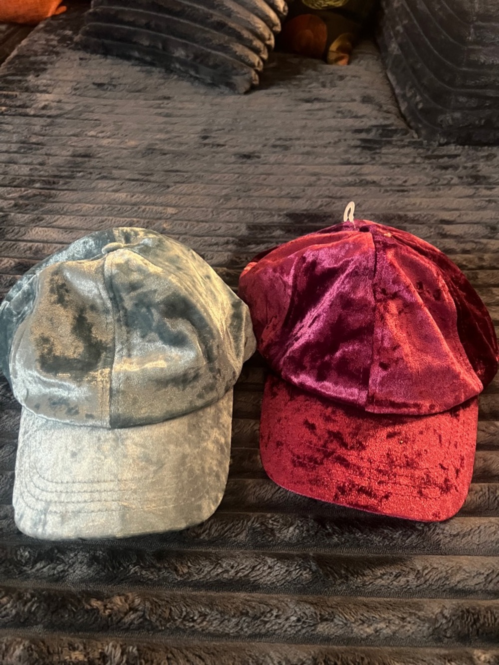 Two women’s crushed Velvet Baseball Caps - blue & Burgundy